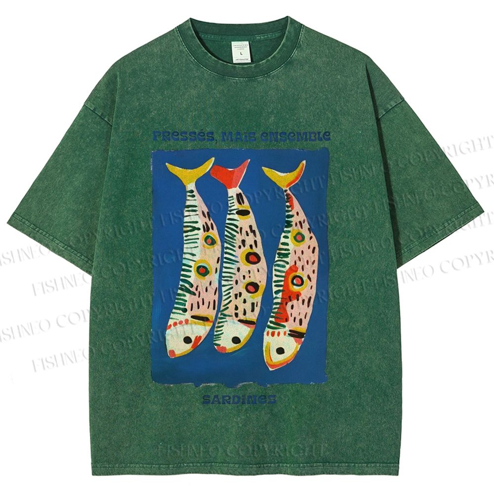 Unisex Colorful Cartoon Sardines Printed Washed Tee