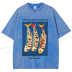 Unisex Colorful Cartoon Sardines Printed Washed Tee