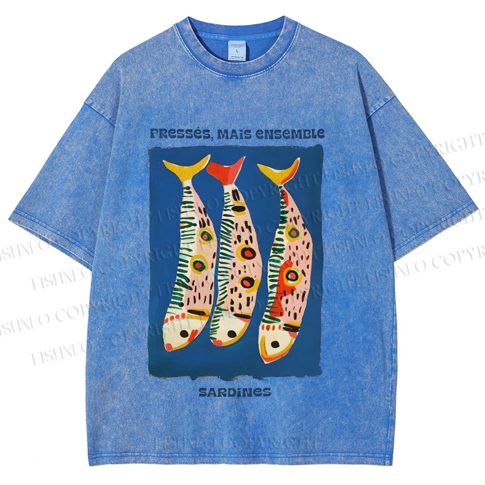 Unisex Colorful Cartoon Sardines Printed Washed Tee