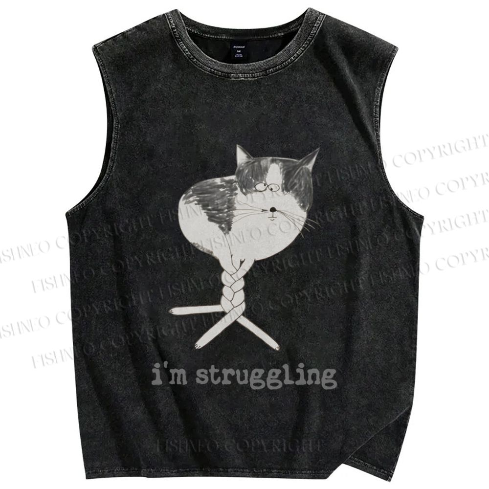 Unisex Funny Cat Being Struggling Printed Washed Tank Top