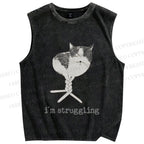 Unisex Funny Cat Being Struggling Printed Washed Tank Top