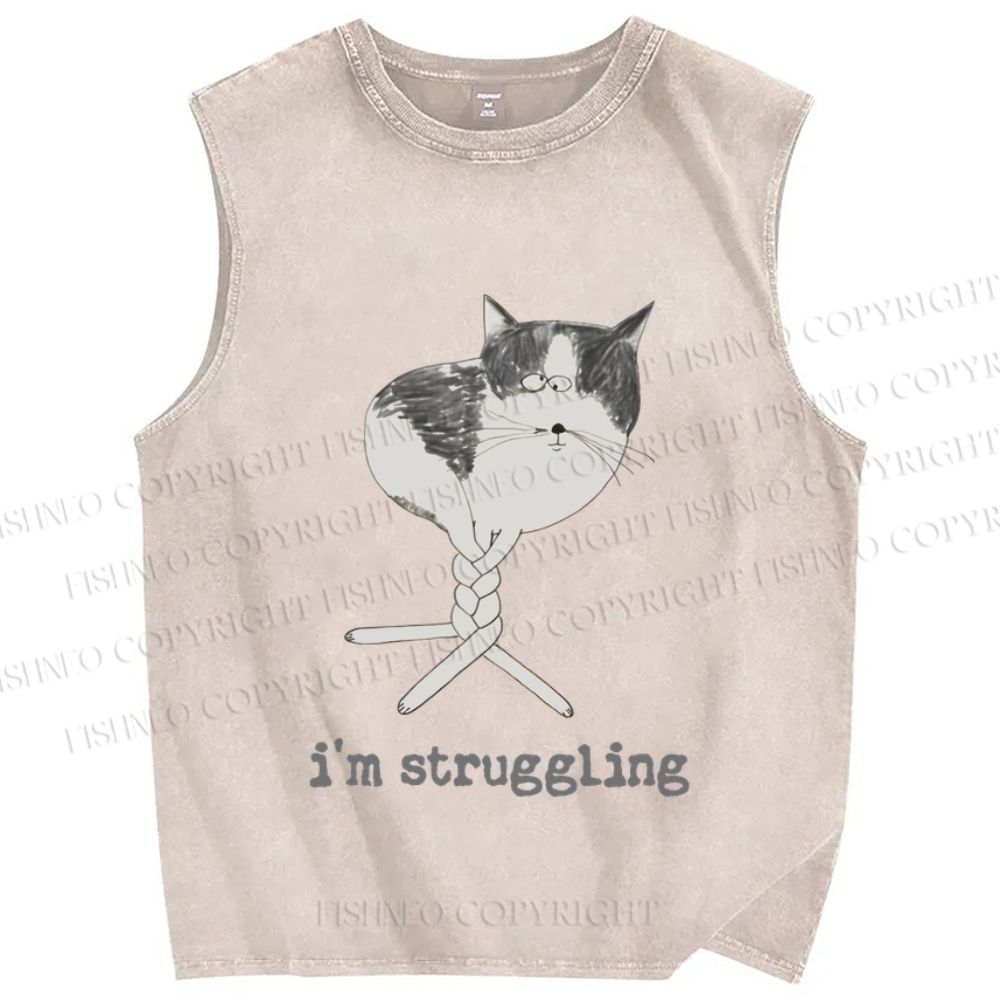 Unisex Funny Cat Being Struggling Printed Washed Tank Top