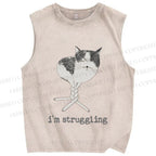 Unisex Funny Cat Being Struggling Printed Washed Tank Top