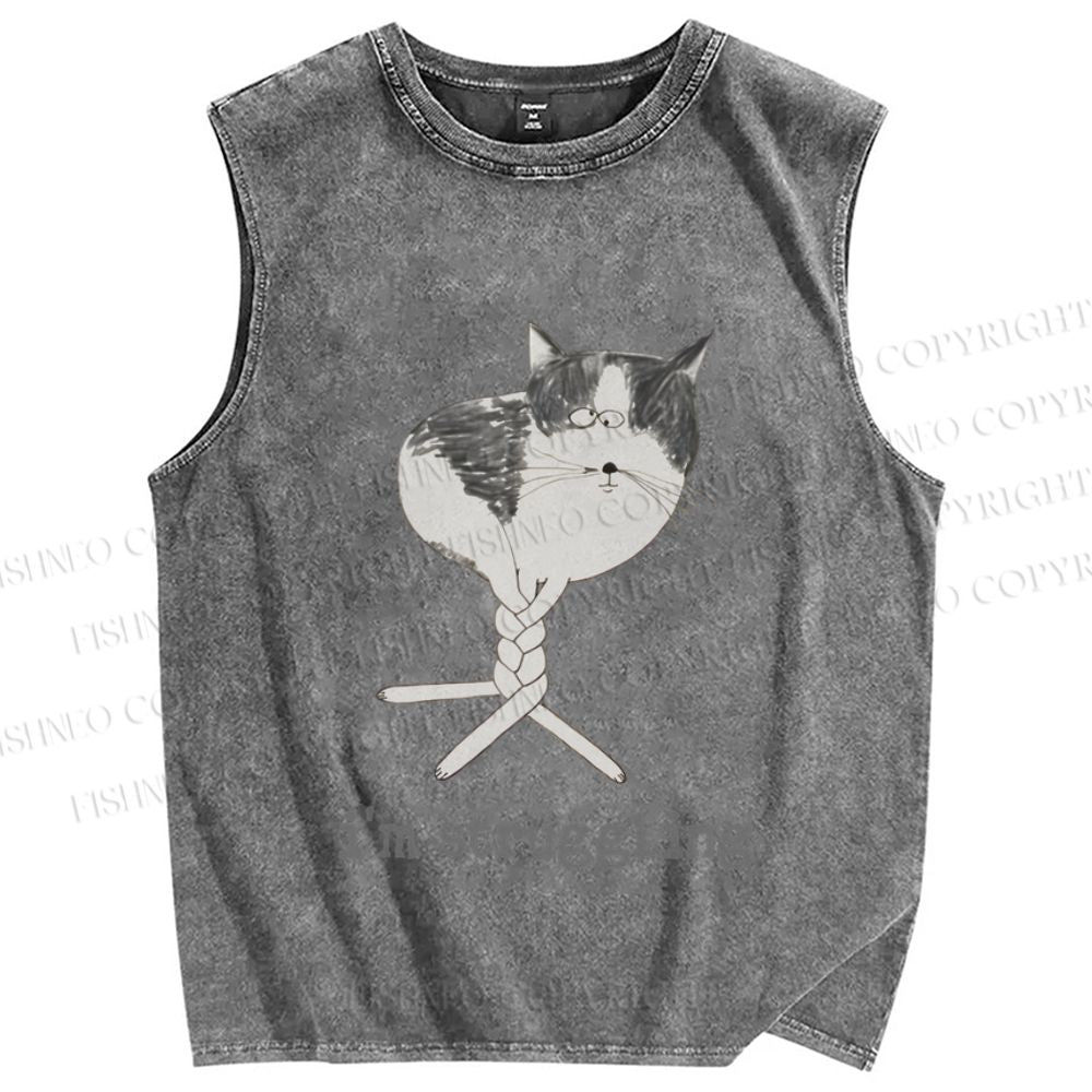 Unisex Funny Cat Being Struggling Printed Washed Tank Top
