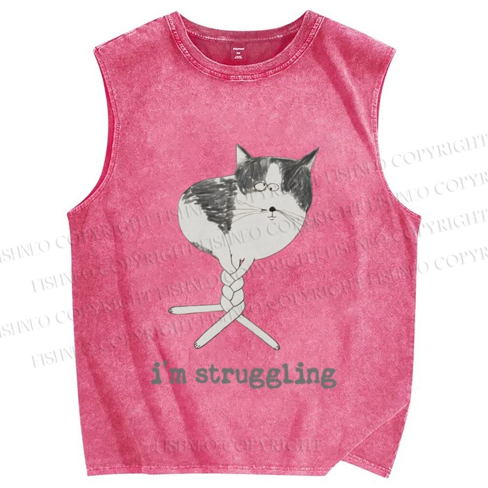 Unisex Funny Cat Being Struggling Printed Washed Tank Top