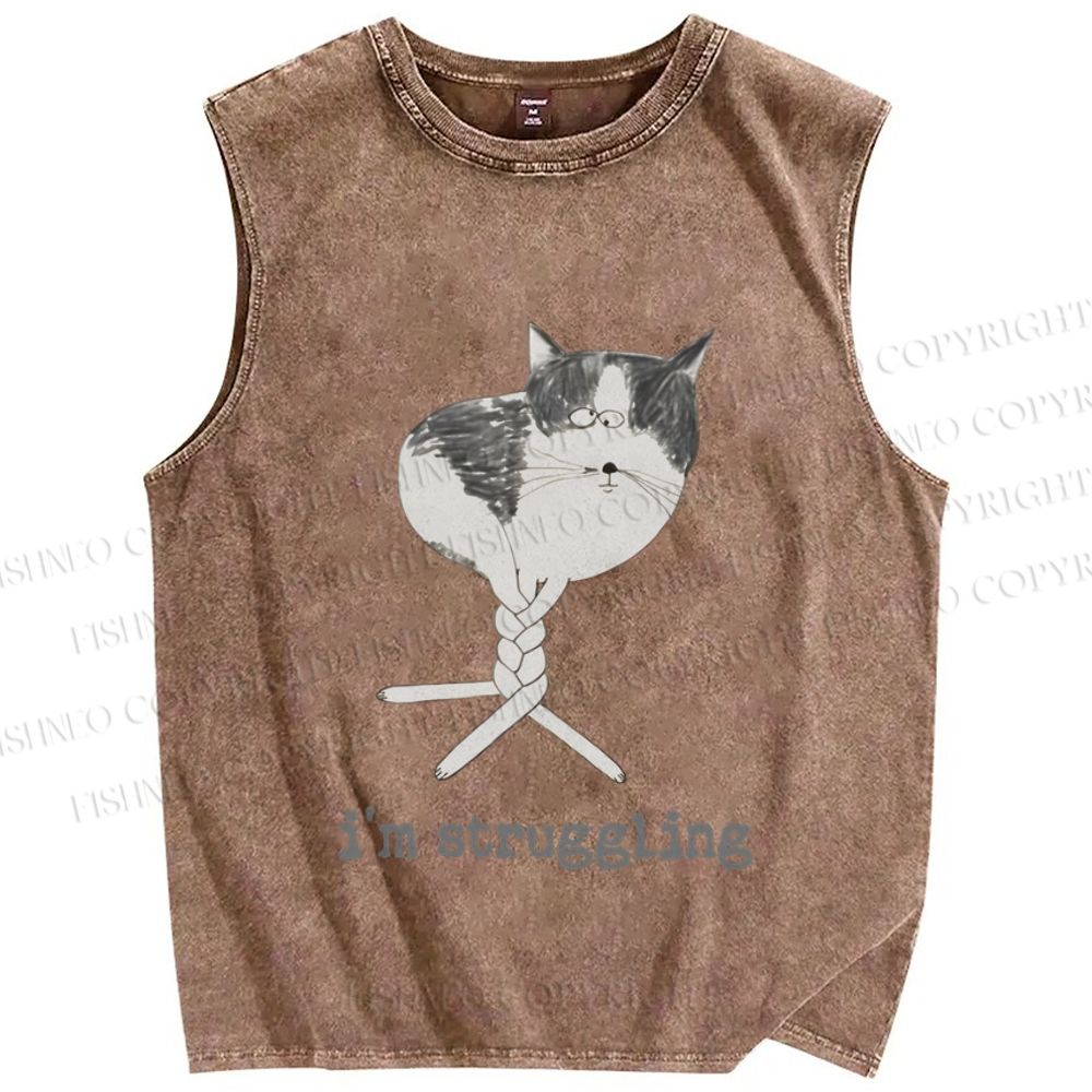 Unisex Funny Cat Being Struggling Printed Washed Tank Top