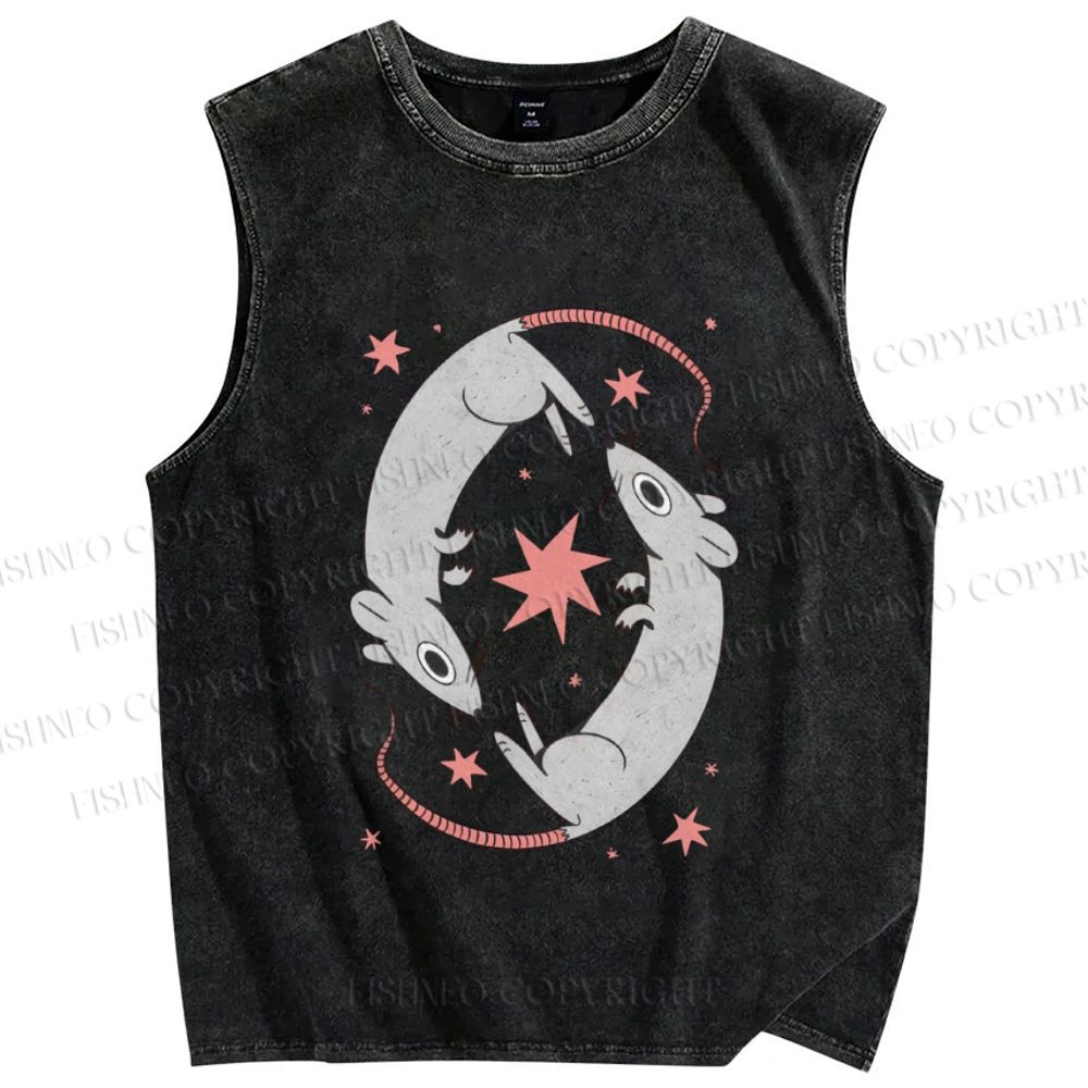 Unisex Rats With Star Printed Washed Tank Top