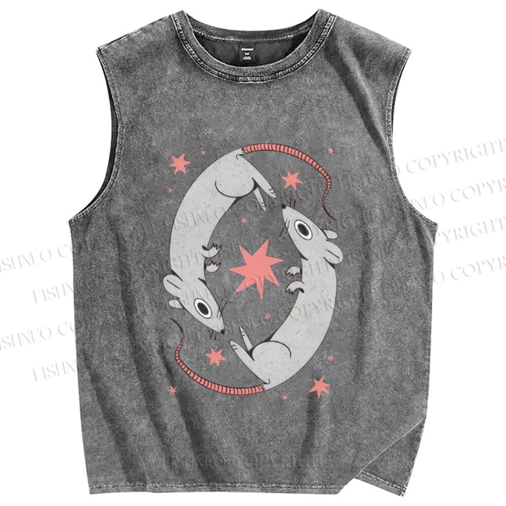 Unisex Rats With Star Printed Washed Tank Top