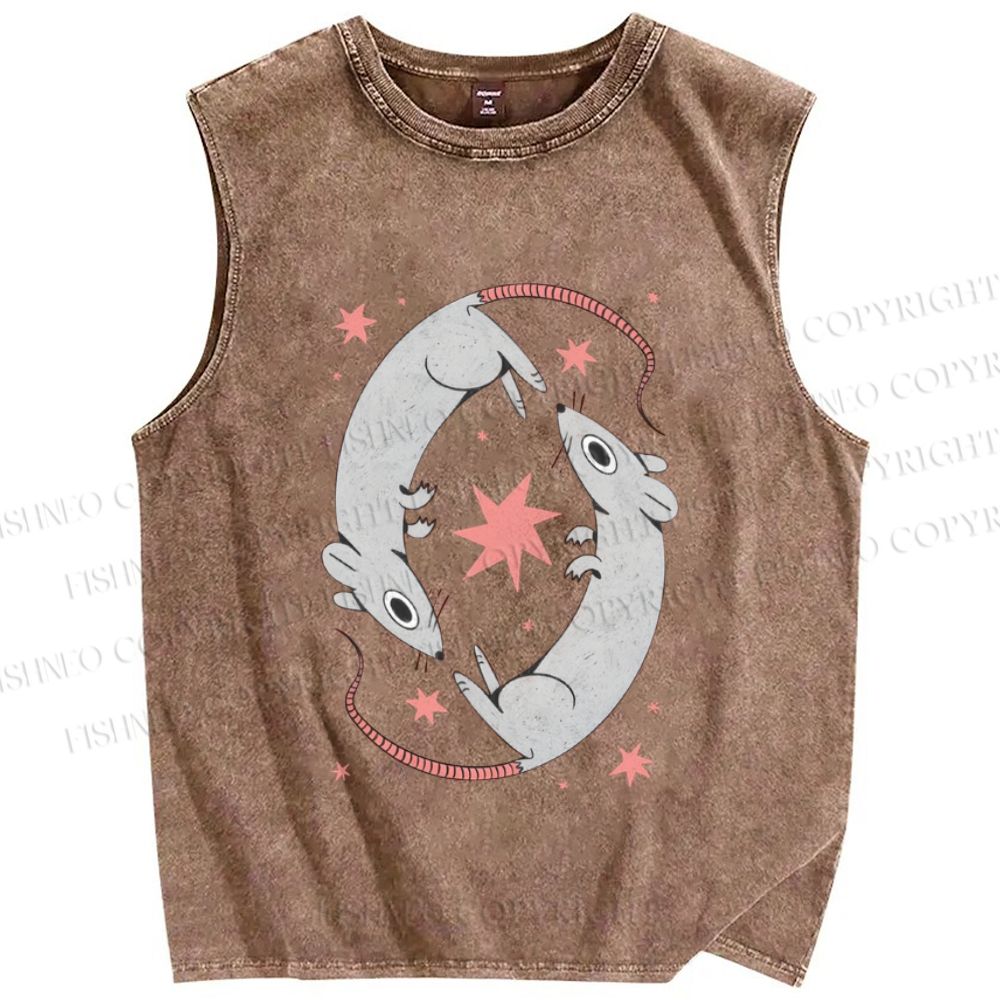 Unisex Rats With Star Printed Washed Tank Top
