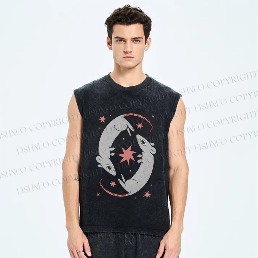 Unisex Rats With Star Printed Washed Tank Top