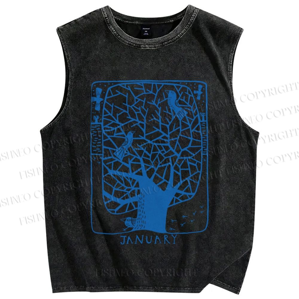 Unisex Birds on Blue Tree Printed Washed Tank Top