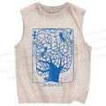 Unisex Birds on Blue Tree Printed Washed Tank Top