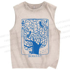 Unisex Birds on Blue Tree Printed Washed Tank Top