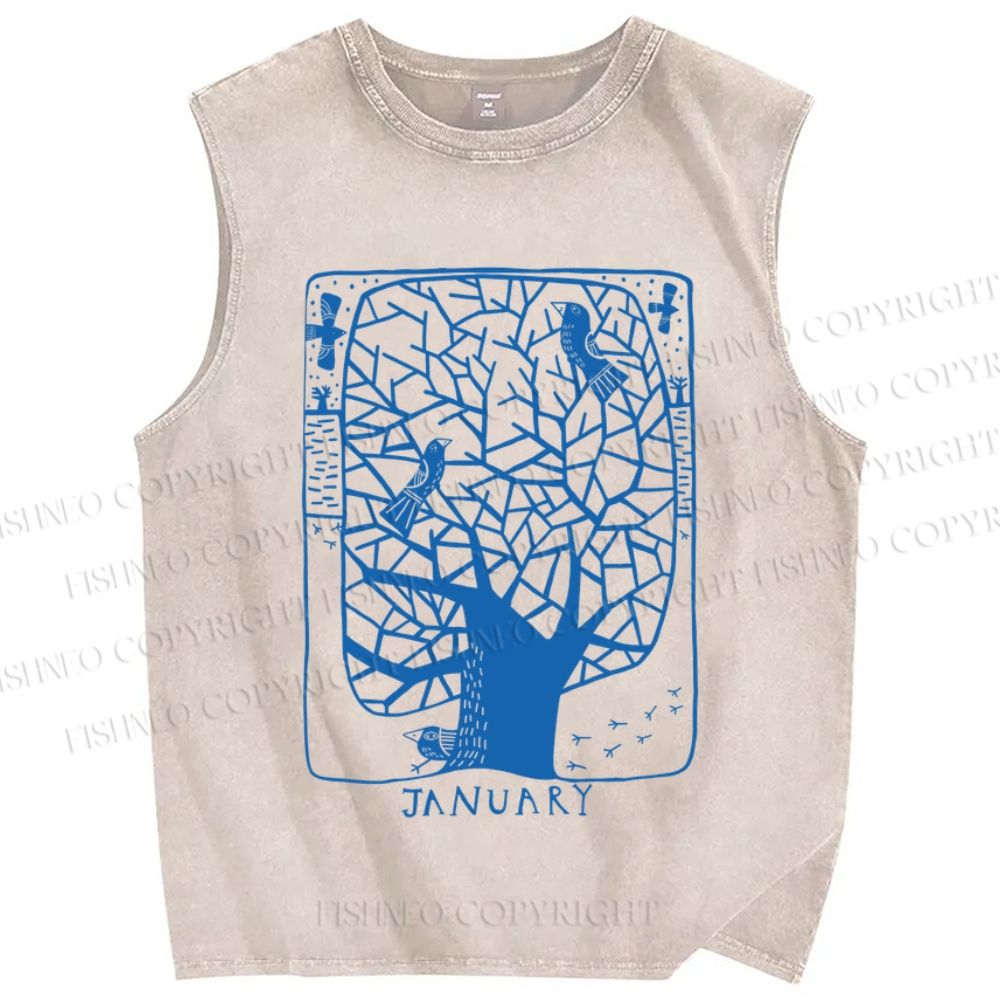 Unisex Birds on Blue Tree Printed Washed Tank Top