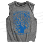Unisex Birds on Blue Tree Printed Washed Tank Top
