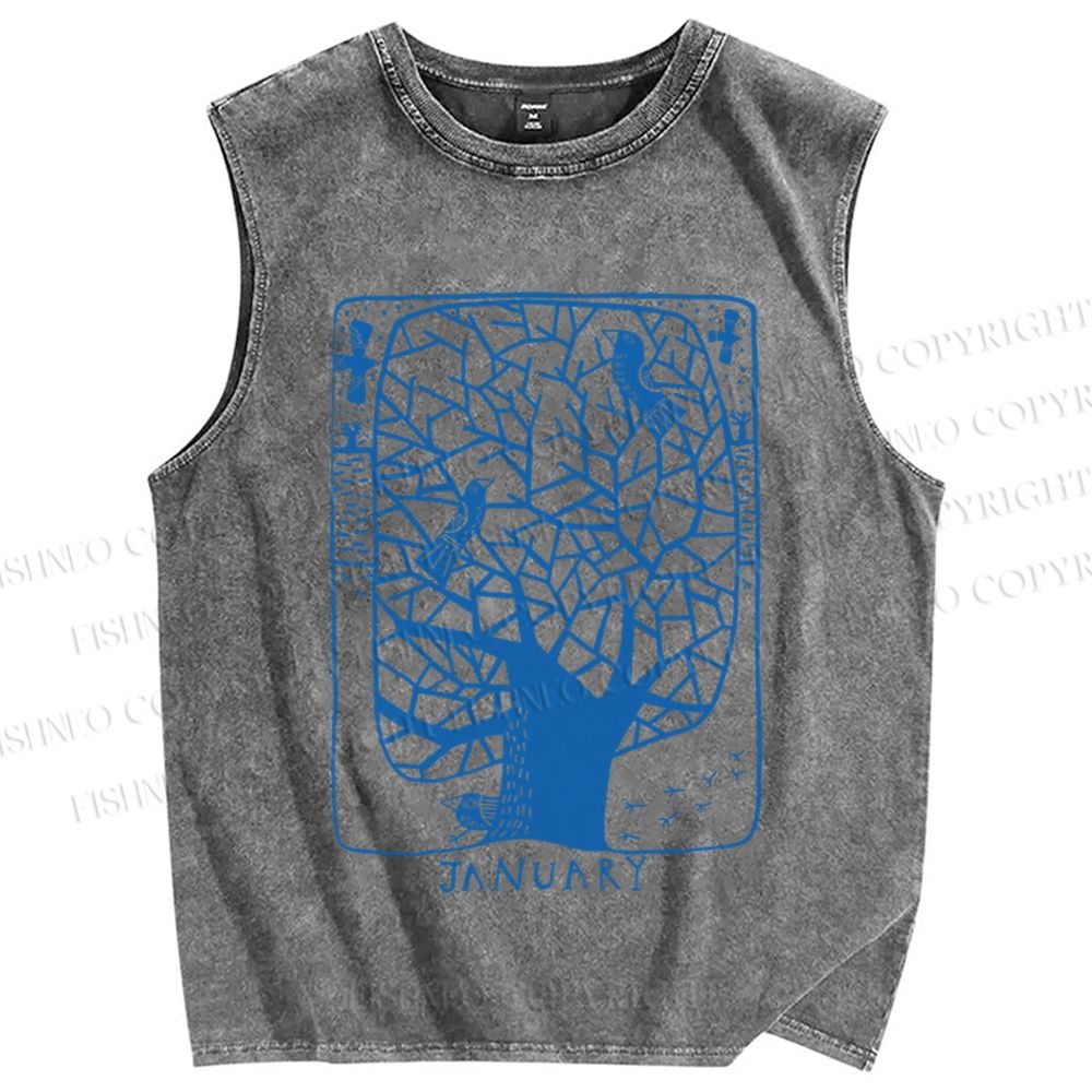 Unisex Birds on Blue Tree Printed Washed Tank Top