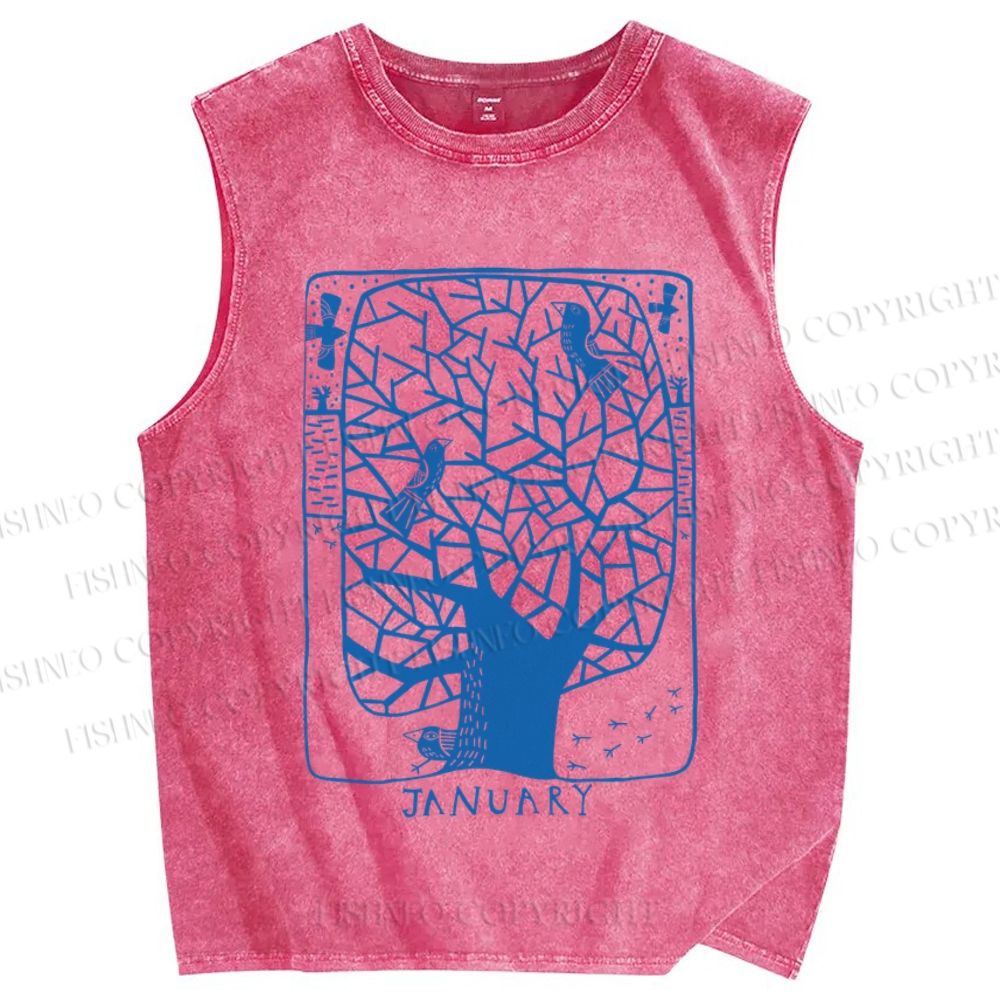 Unisex Birds on Blue Tree Printed Washed Tank Top