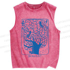 Unisex Birds on Blue Tree Printed Washed Tank Top