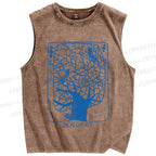 Unisex Birds on Blue Tree Printed Washed Tank Top