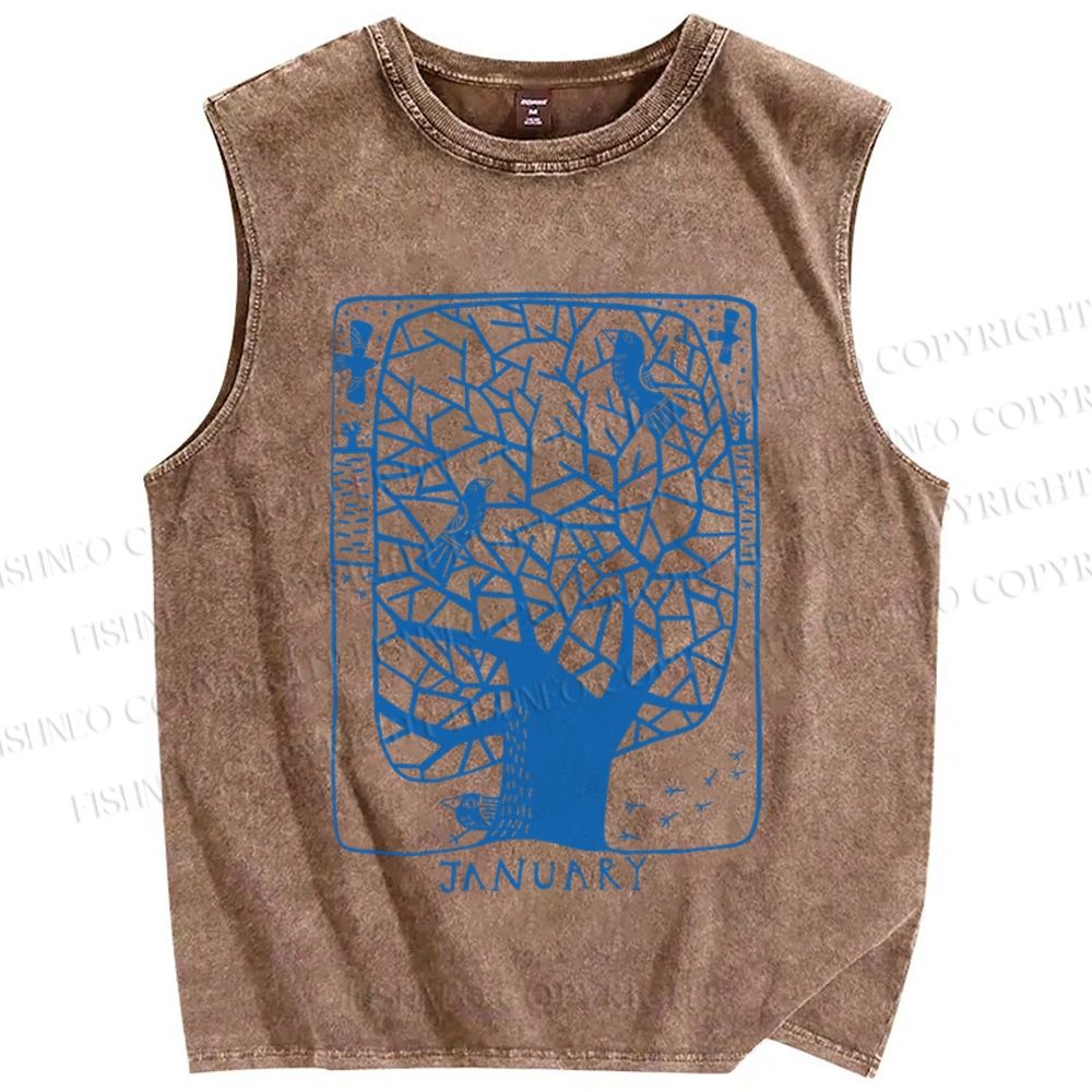 Unisex Birds on Blue Tree Printed Washed Tank Top