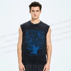 Unisex Birds on Blue Tree Printed Washed Tank Top