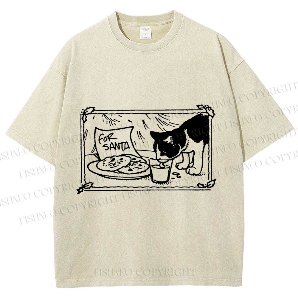 Unisex Evil Cat Having Food For Santa Printed Washed Tee
