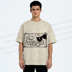Unisex Evil Cat Having Food For Santa Printed Washed Tee