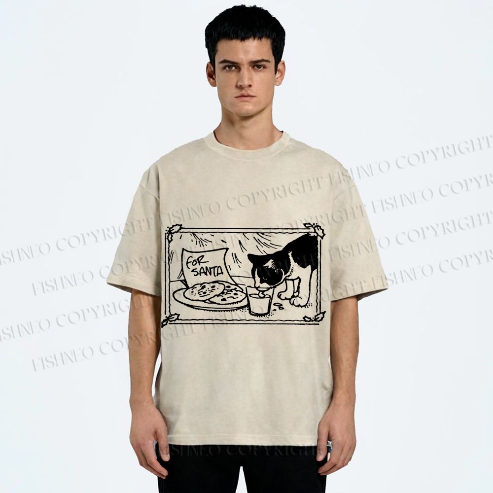 Unisex Evil Cat Having Food For Santa Printed Washed Tee