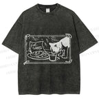 Unisex Evil Cat Having Food For Santa Printed Washed Tee