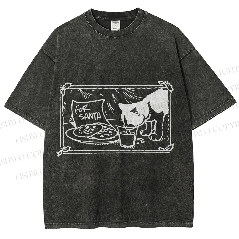 Unisex Evil Cat Having Food For Santa Printed Washed Tee