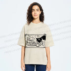 Unisex Evil Cat Having Food For Santa Printed Washed Tee