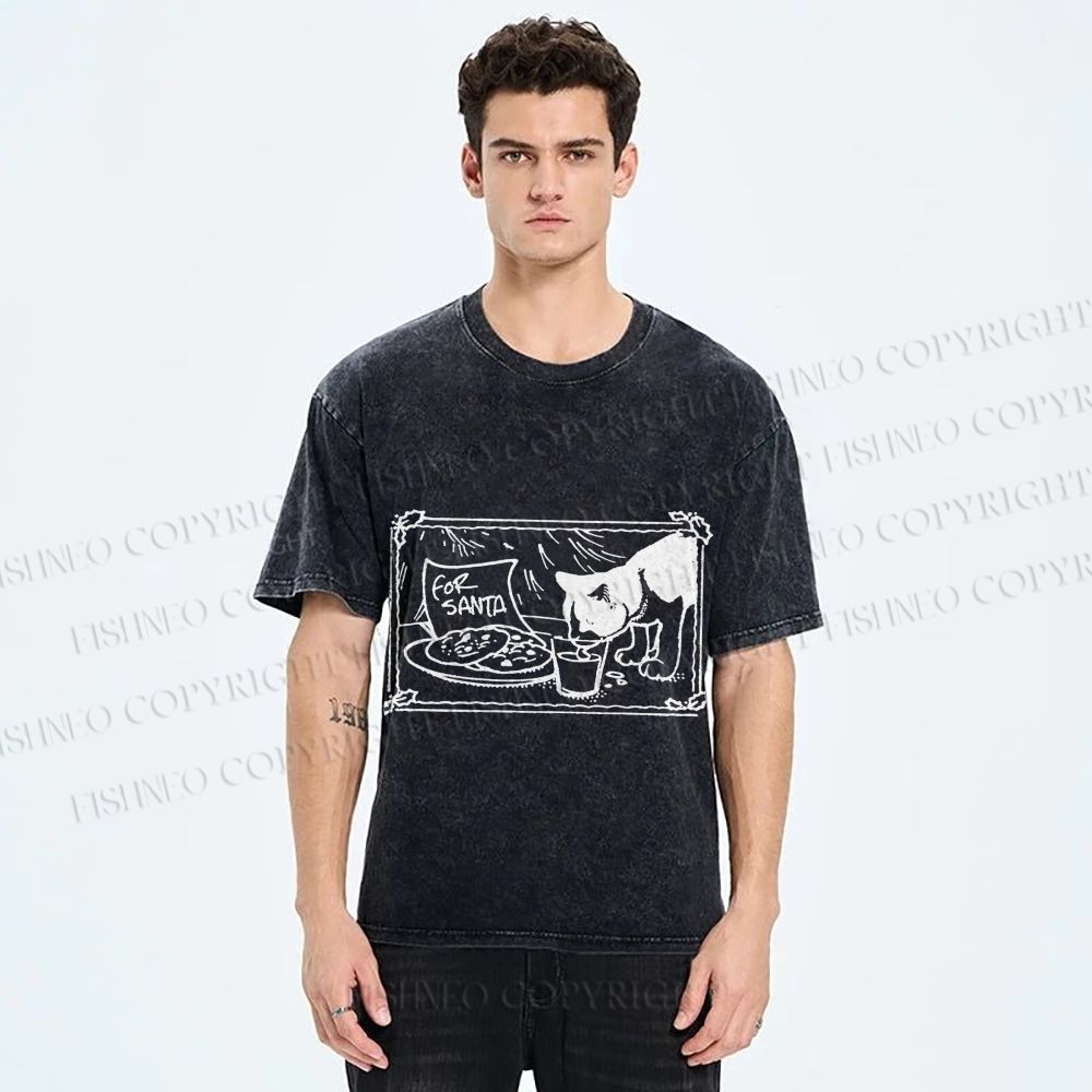 Unisex Evil Cat Having Food For Santa Printed Washed Tee