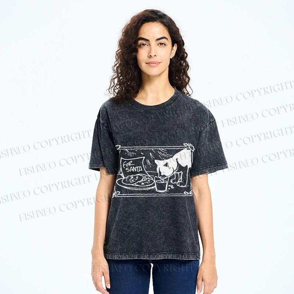 Unisex Evil Cat Having Food For Santa Printed Washed Tee