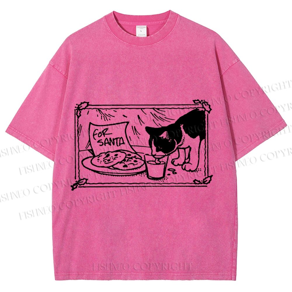 Unisex Evil Cat Having Food For Santa Printed Washed Tee