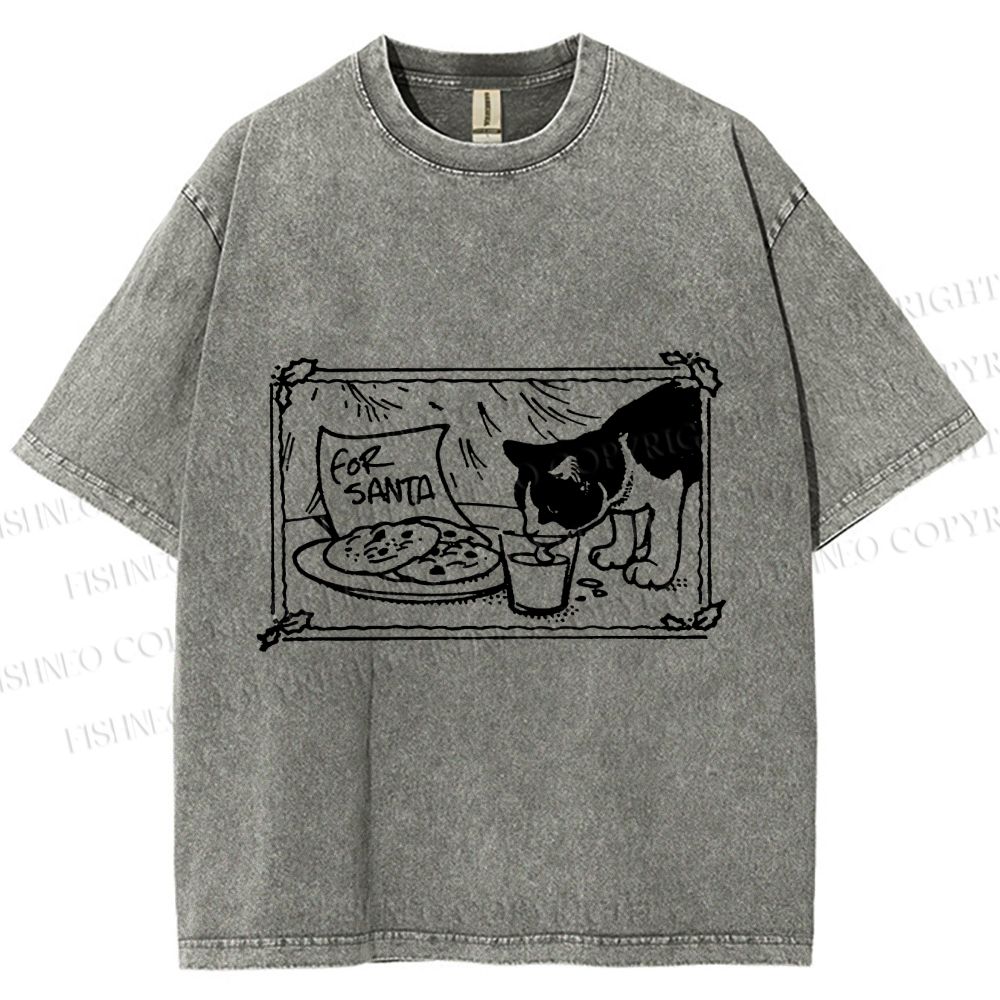 Unisex Evil Cat Having Food For Santa Printed Washed Tee