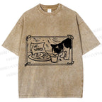 Unisex Evil Cat Having Food For Santa Printed Washed Tee