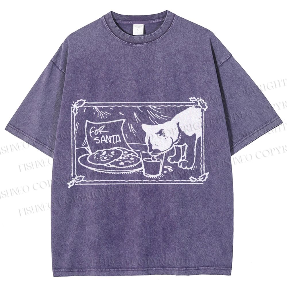 Unisex Evil Cat Having Food For Santa Printed Washed Tee