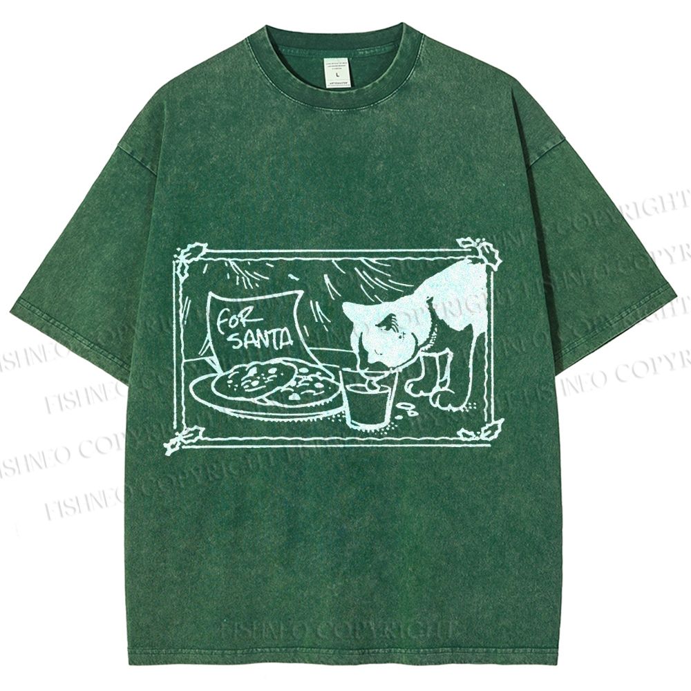 Unisex Evil Cat Having Food For Santa Printed Washed Tee