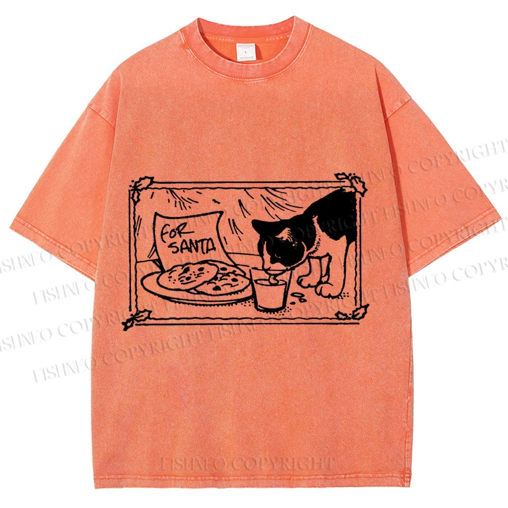 Unisex Evil Cat Having Food For Santa Printed Washed Tee