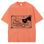 Unisex Evil Cat Having Food For Santa Printed Washed Tee
