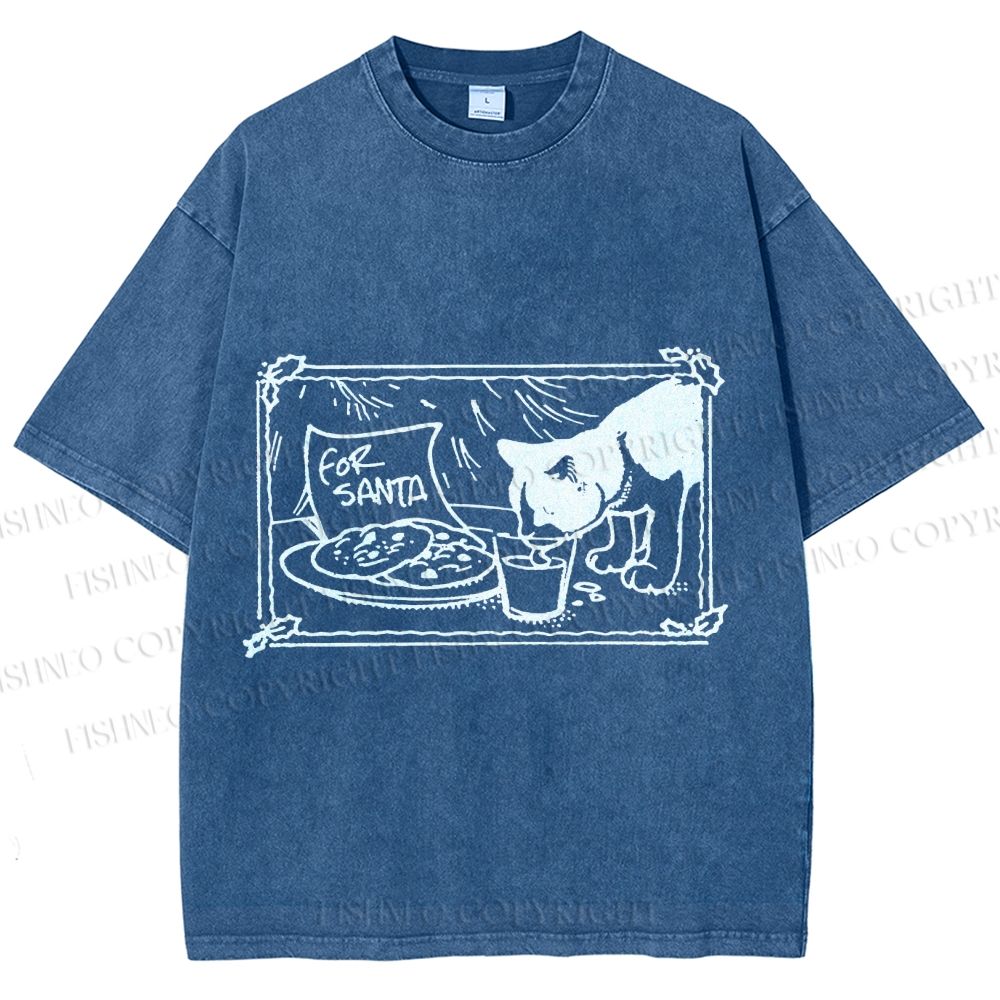 Unisex Evil Cat Having Food For Santa Printed Washed Tee