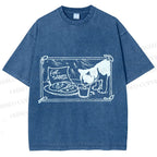 Unisex Evil Cat Having Food For Santa Printed Washed Tee