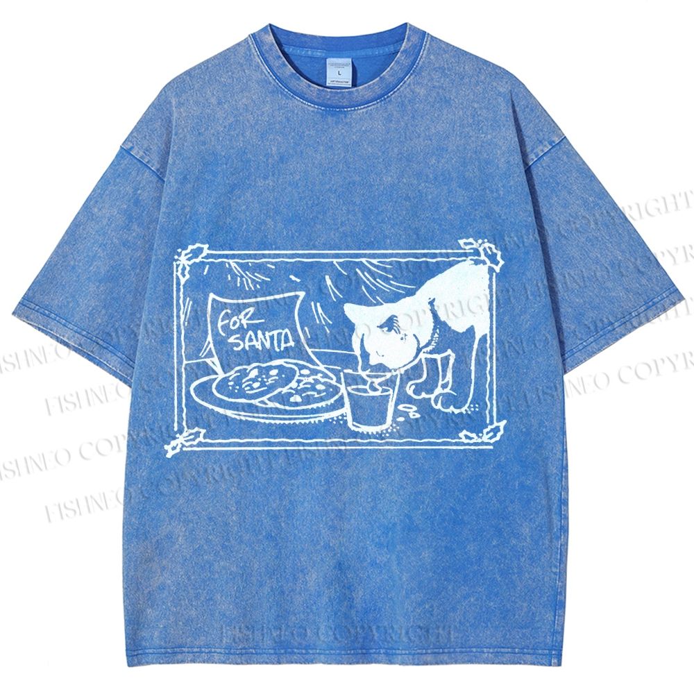 Unisex Evil Cat Having Food For Santa Printed Washed Tee