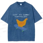 Unisex Skating Chicken Off to Commit Tomfoolery Printed Washed Tee