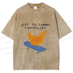 Unisex Skating Chicken Off to Commit Tomfoolery Printed Washed Tee