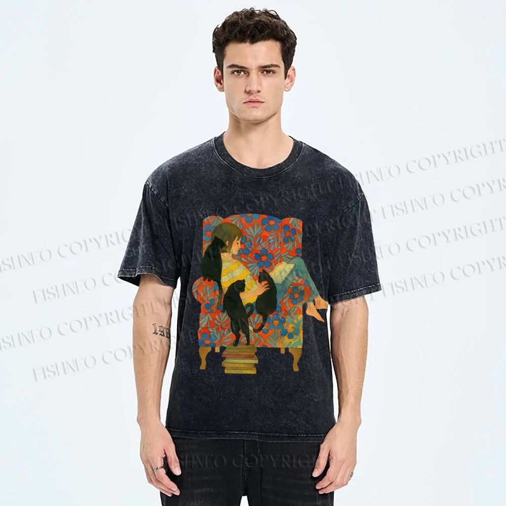 Unisex Lazy Afternoon With Cats Printed Washed Tee