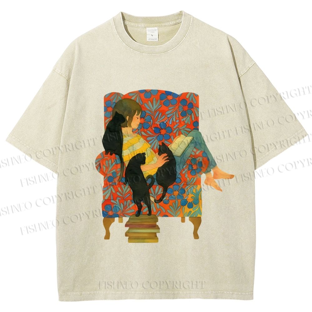 Unisex Lazy Afternoon With Cats Printed Washed Tee