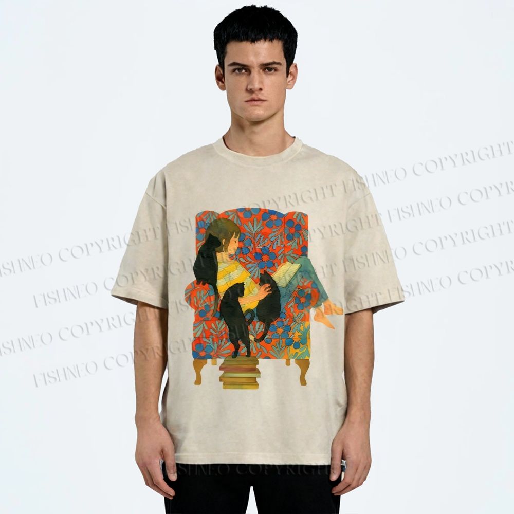 Unisex Lazy Afternoon With Cats Printed Washed Tee