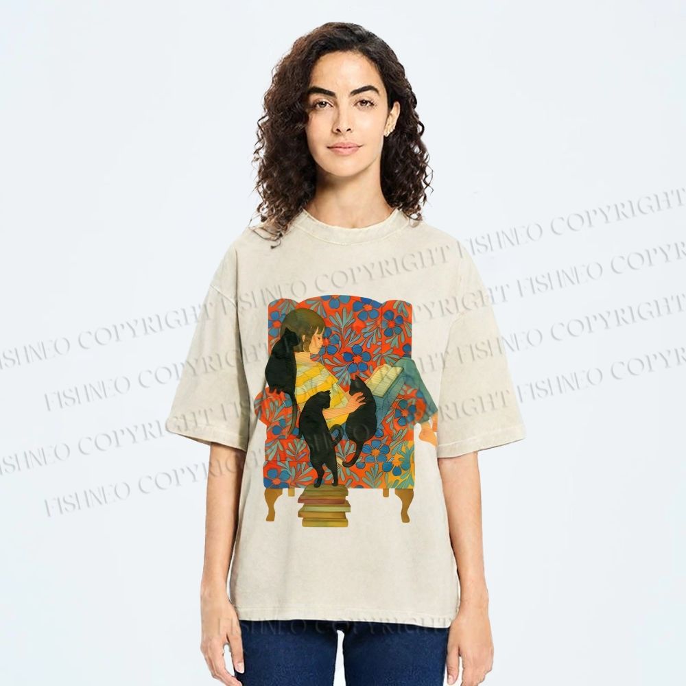 Unisex Lazy Afternoon With Cats Printed Washed Tee