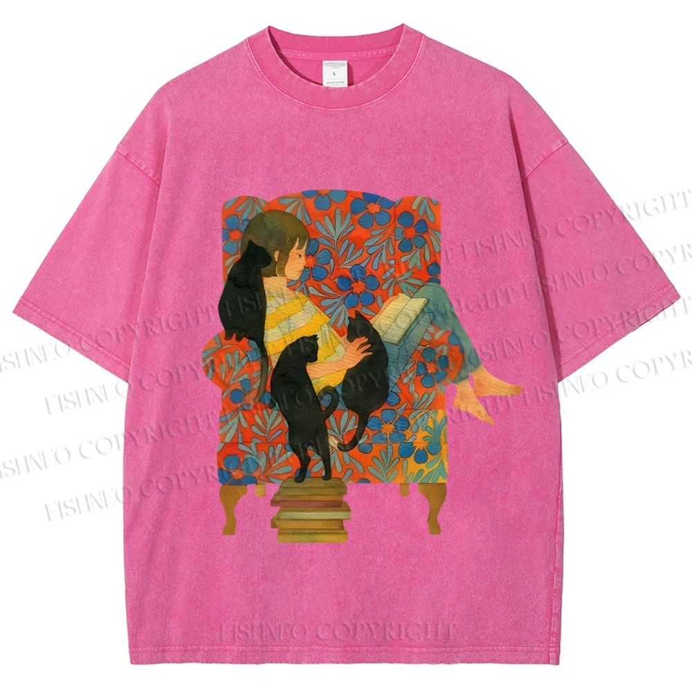 Unisex Lazy Afternoon With Cats Printed Washed Tee